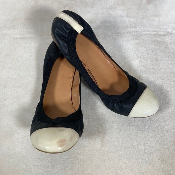 J. Crew Mila Black White Patent Leather Round Cap Toe Stretch Ballet Flats